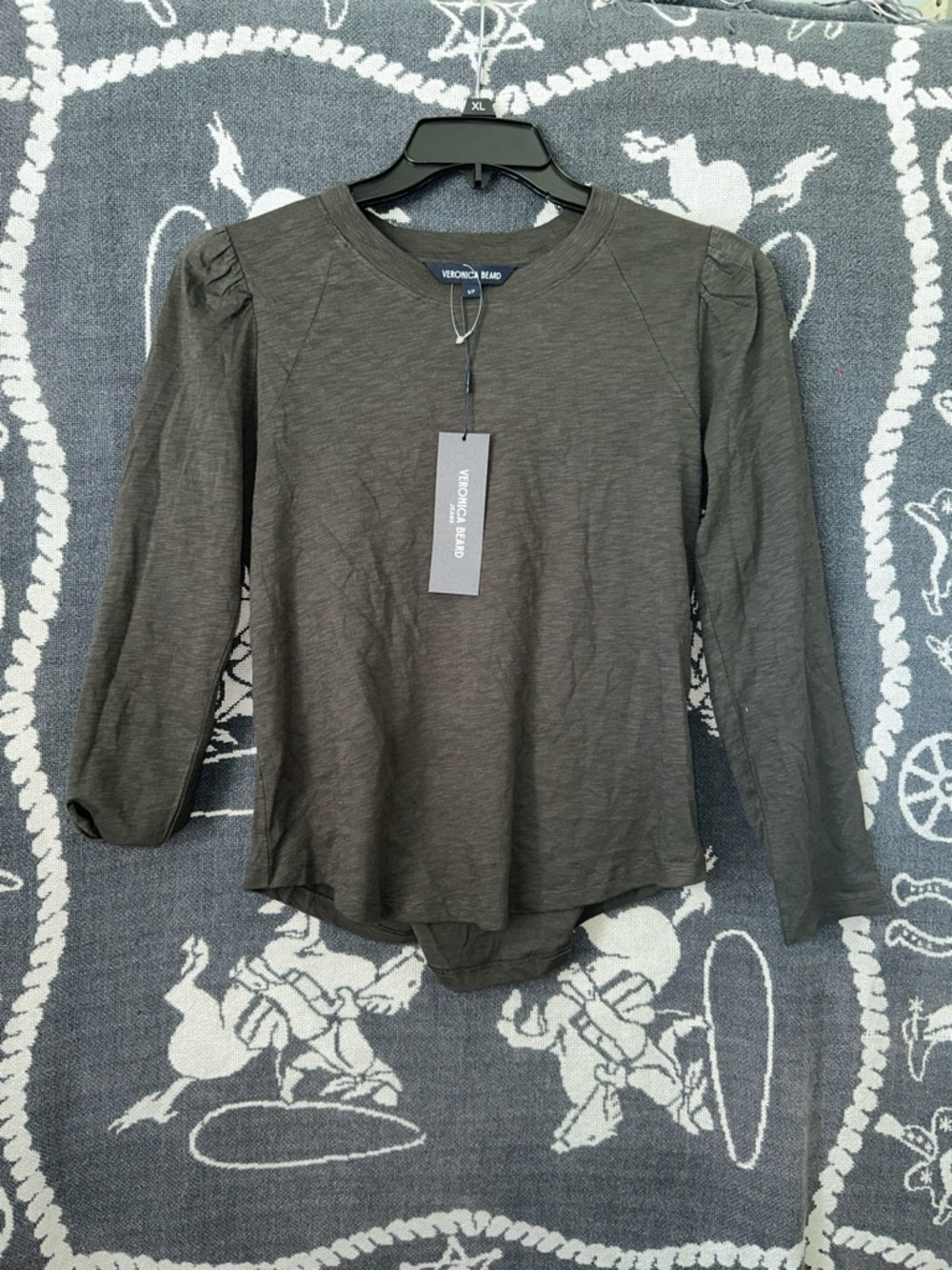 Veronica Beard Charcoal Puff-Sleeve Long-Sleeve Bodysuit